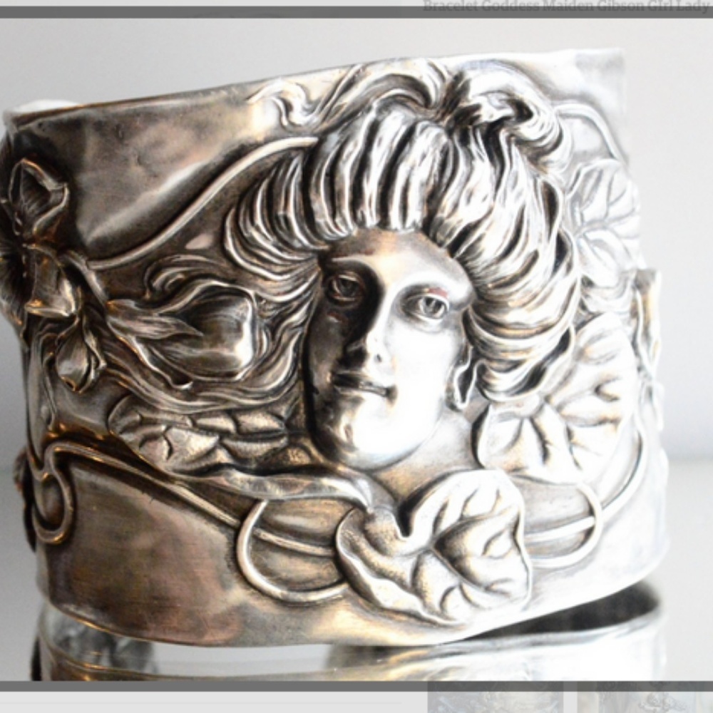 Antique Art Nouveau Sterling Silver Cuff 925 Wide Lady Face Gibson Girl Floral